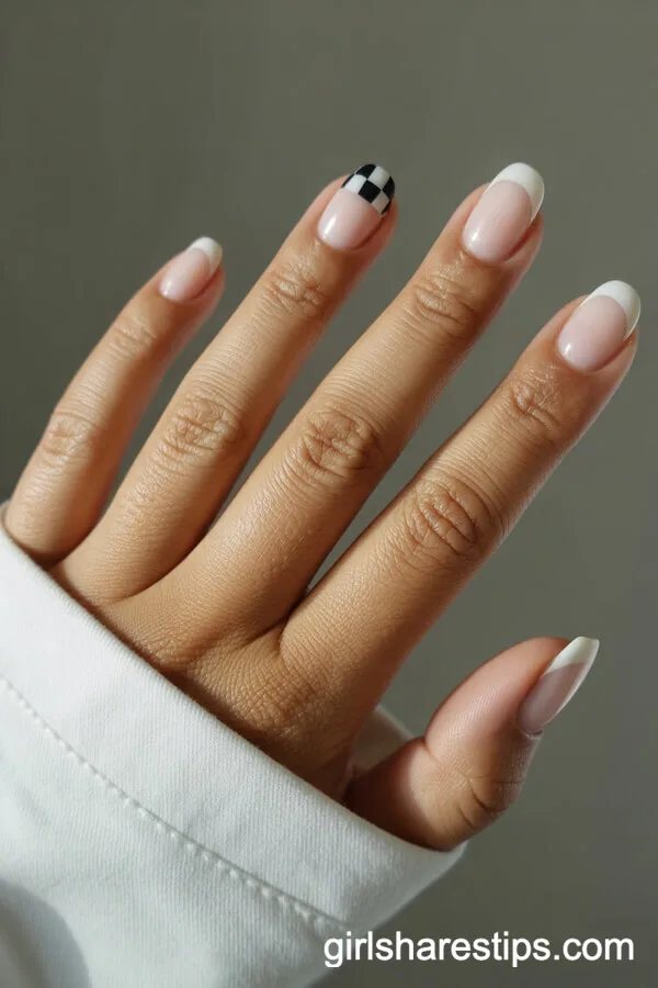 Squoval Nails with Black-and-White Checkerboard Accent