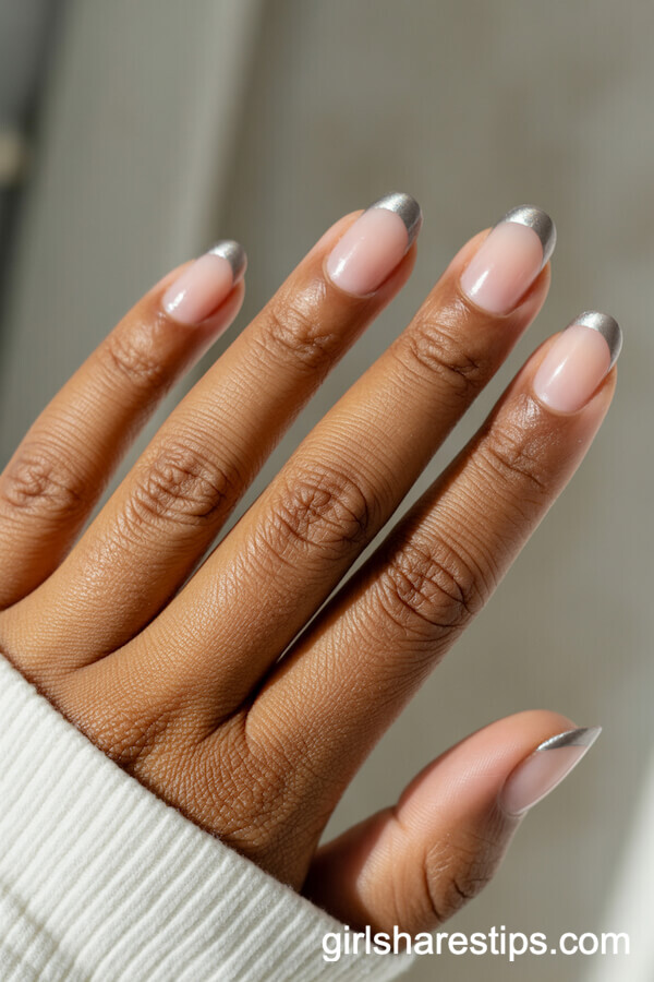 Sheer Polished Round Nails with Metallic Silver Tips