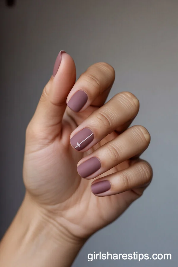 Matte Mauve Square Nails with Minimalist White Line