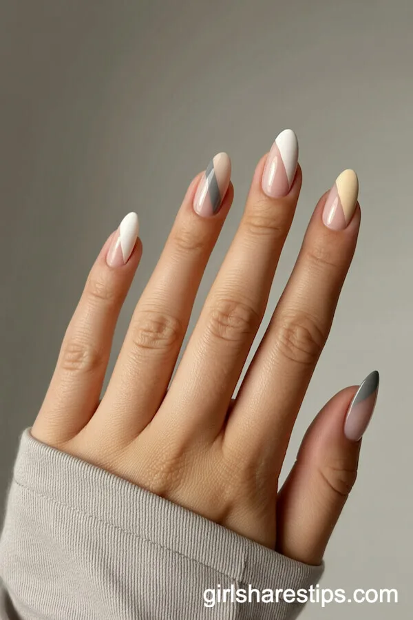 Almond Nails with Neutral Diagonal Color Blocks