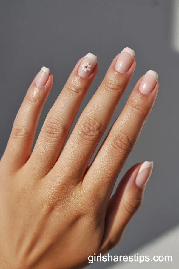 Nude Natural Nails with Minimalist Tiny Flower Accent