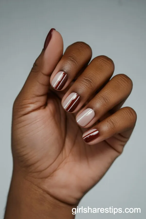 Short Square Nails with Dual Muted Color Stripe