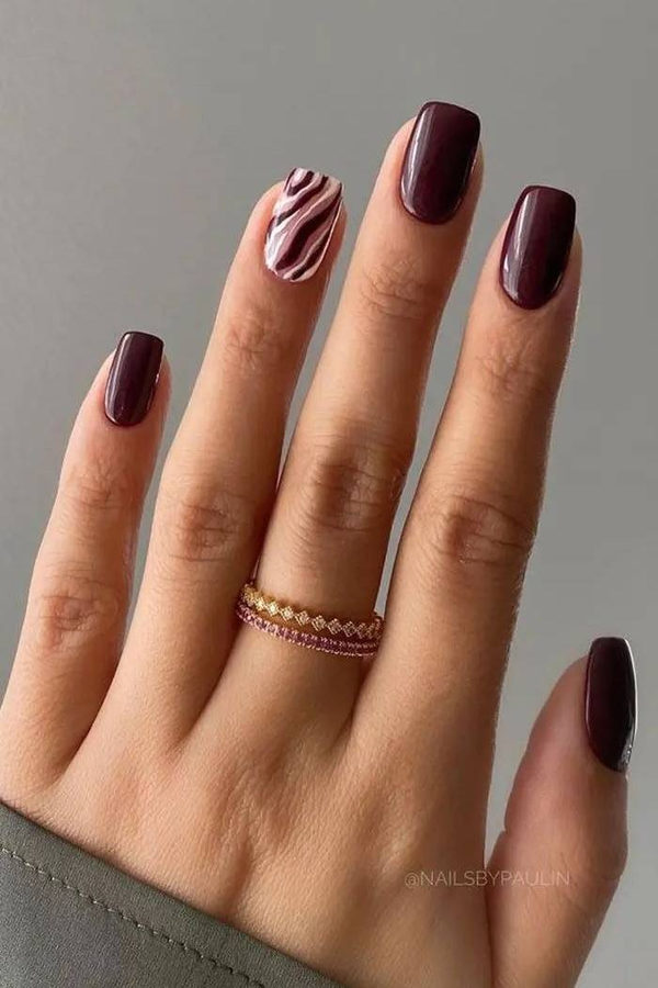 Short Burgundy Nails With Marble Accent