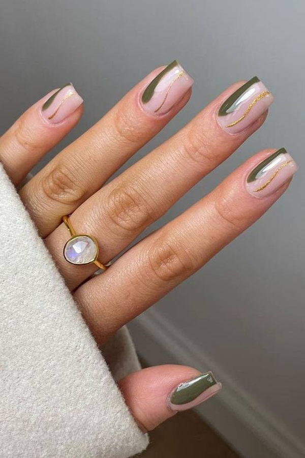 Olive Green French Tips With Gold Swirls