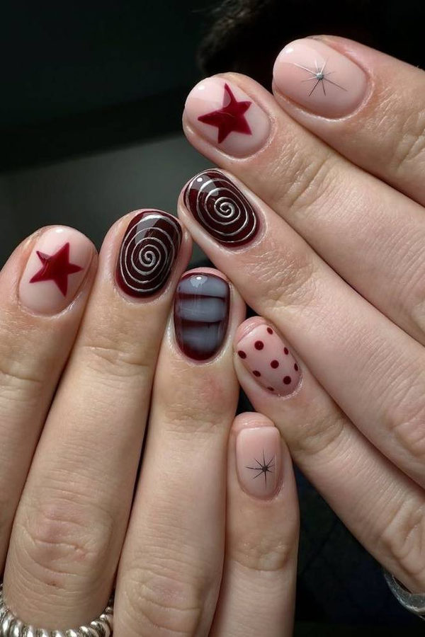 Short Abstract Burgundy Star Nail Art