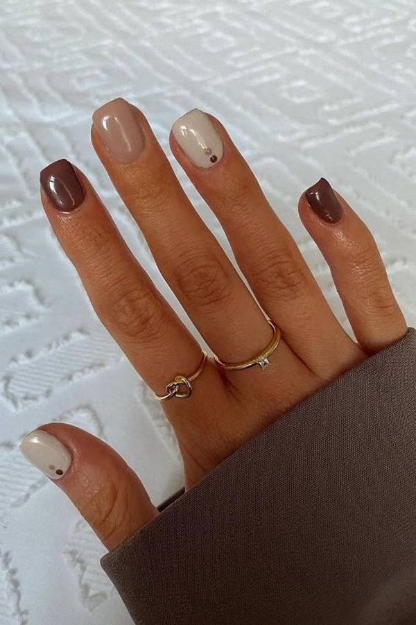Neutral Short Nails With Minimal Brown Dots
