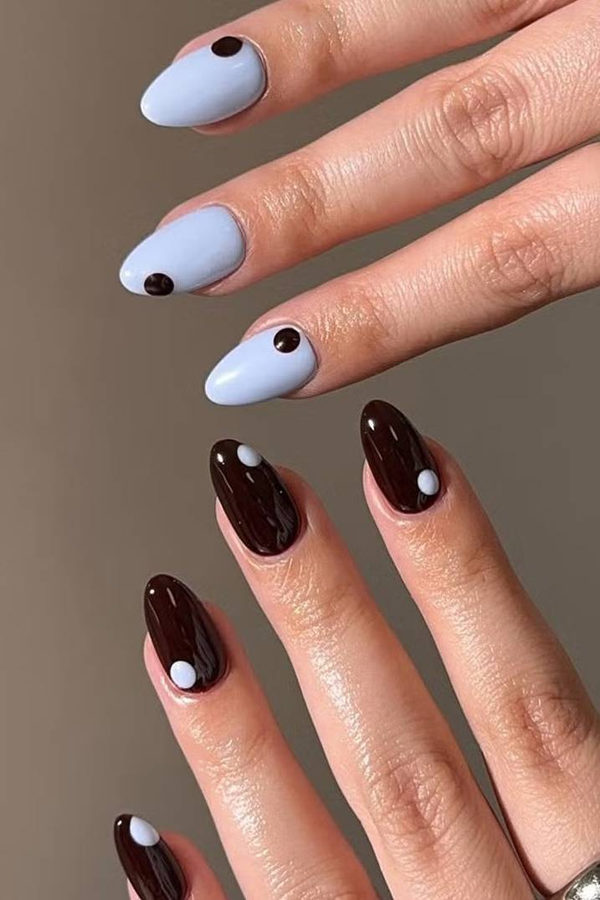 Brown and Blue Polka Dot Short November Nails