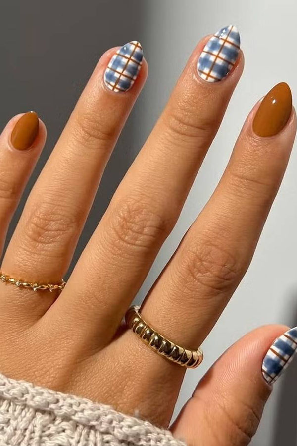 Cozy Plaid and Caramel Short Nails