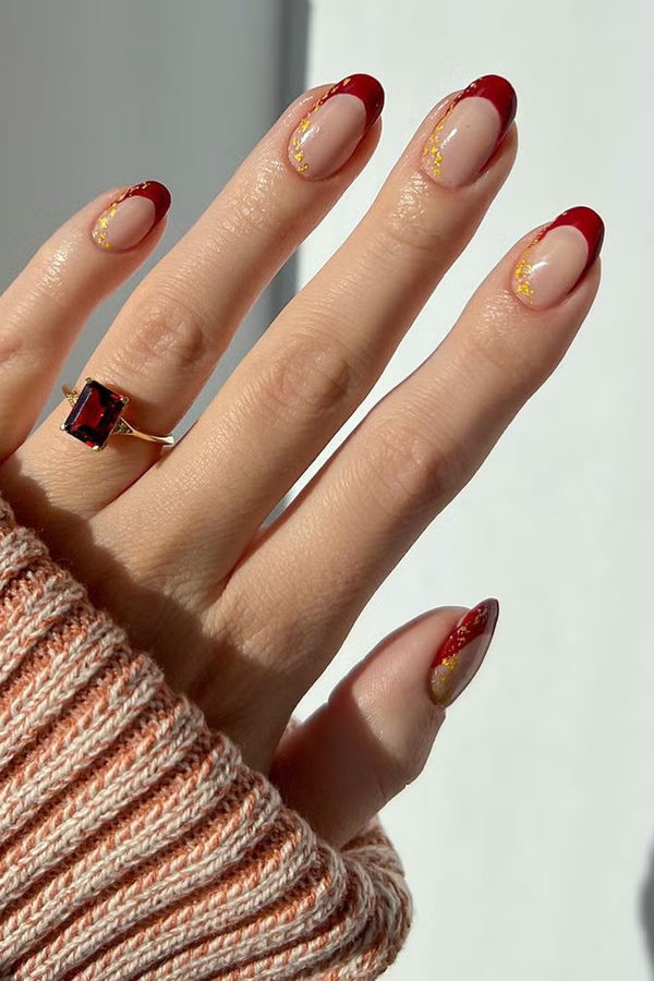 Garnet Red French Tips with Gold Foil Accents