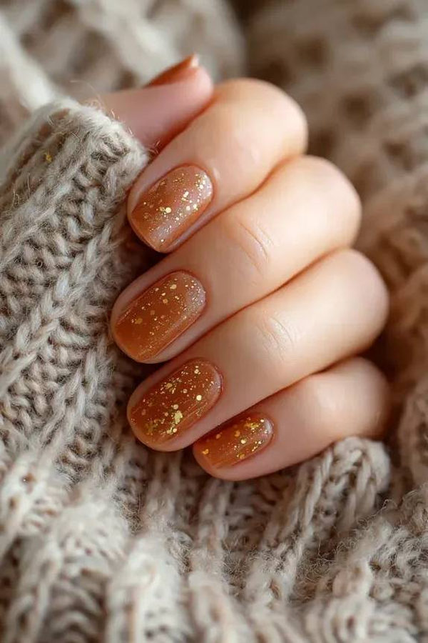 Cinnamon Brown Glitter Short Nails