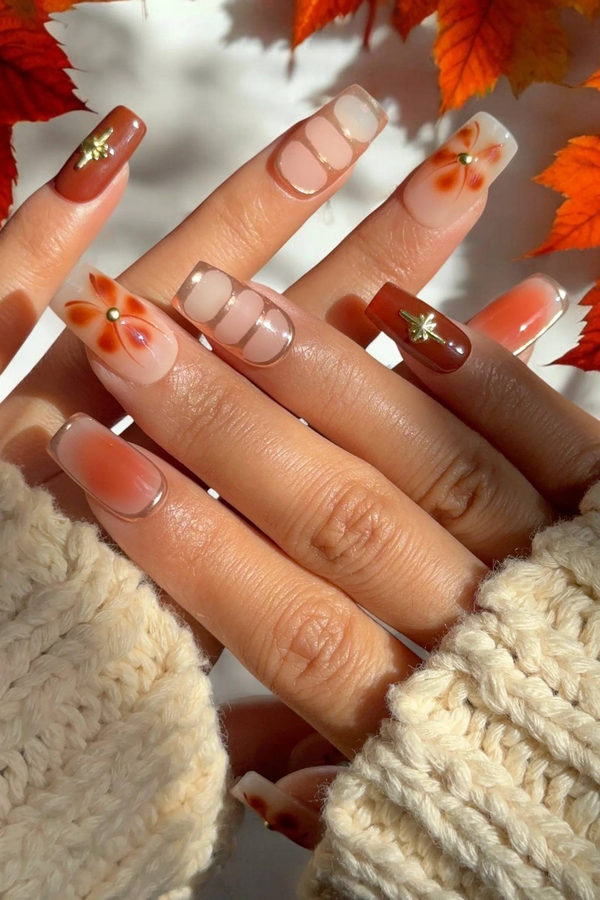 Autumn Floral Short November Nail Art