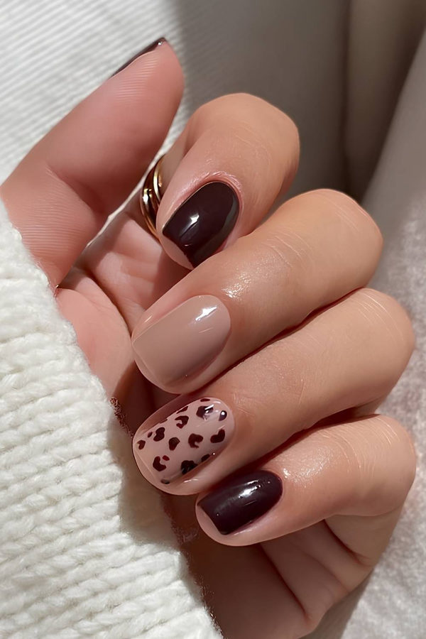Short Chocolate and Nude Leopard Accent Nails