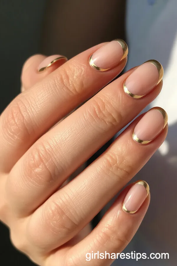 Gold Foil Edged Short Oval Nude Nails