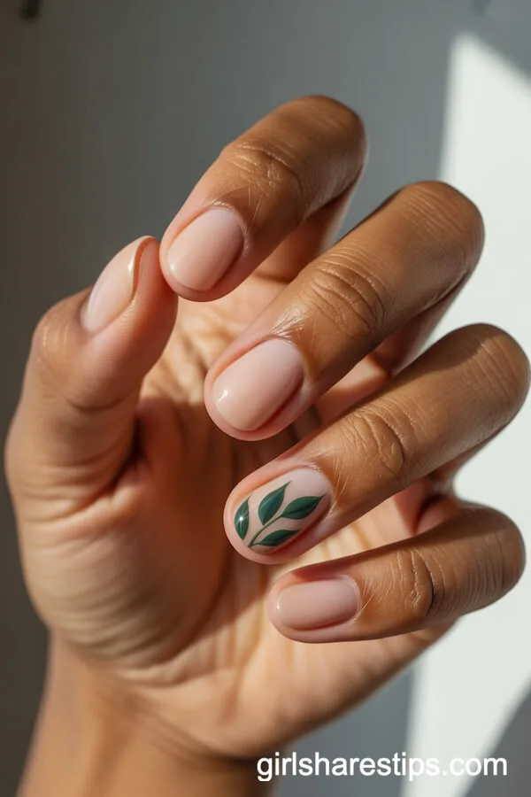 Short Round Nude Nails with Minimalist Green Leaf Art