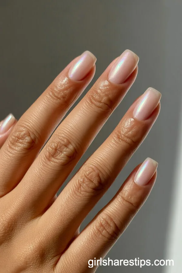 Iridescent Pearl Chrome Short Square Nude Nails