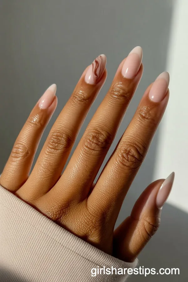 Marbled Accent Design on Short Almond Nude Nails