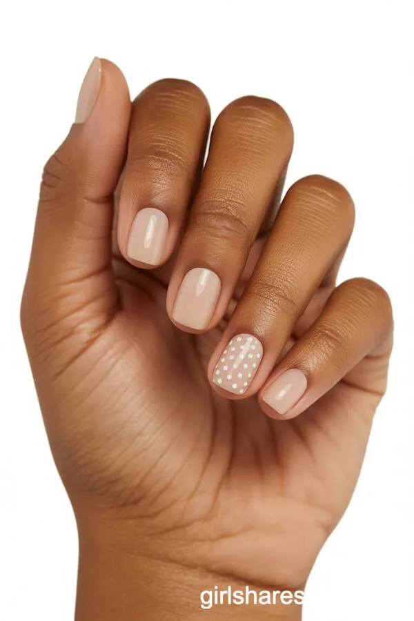 Short Square Nude Nails with White Polka Dot Accents