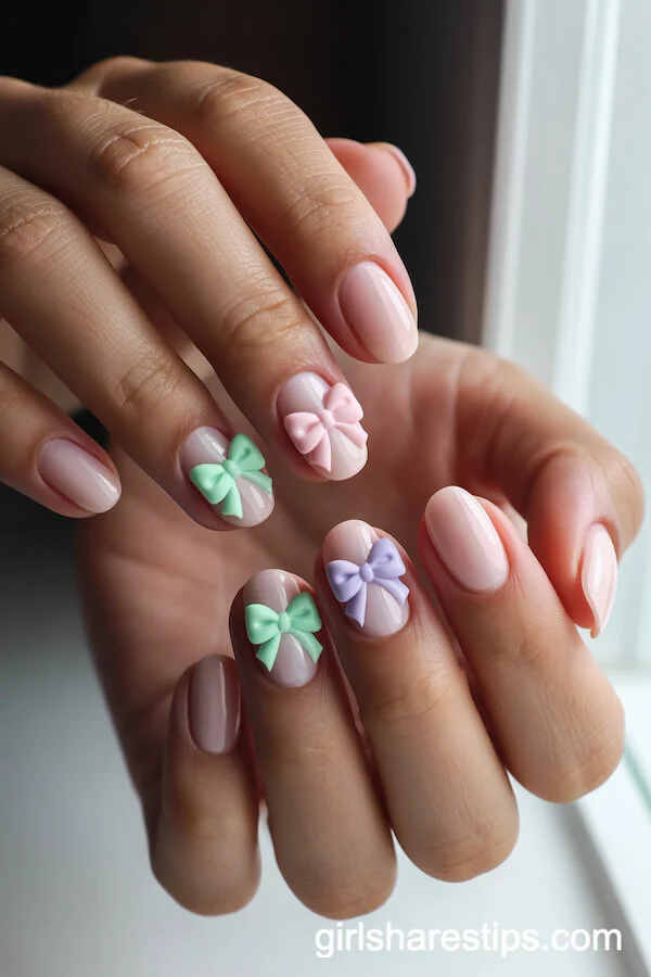 Short Oval Nude Nails with 3D Pastel Bow Decorations