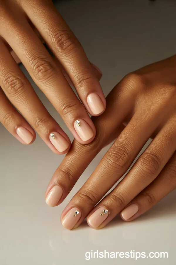Short Square Oval Nude Nails with Gemstone Accents