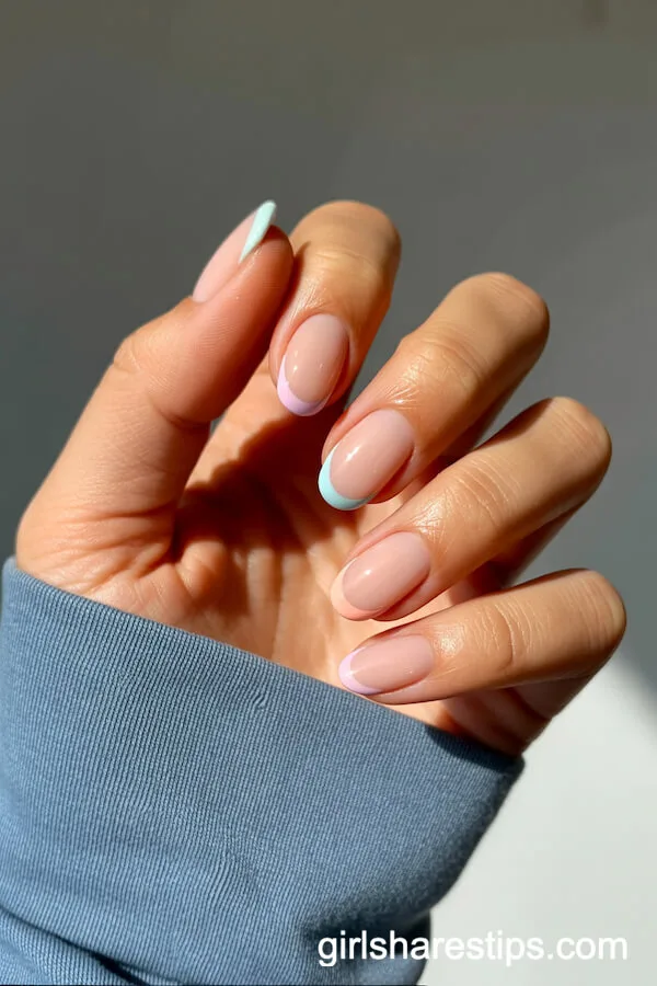 Subtle Pastel Color-Blocked Tips on Short Nude Nails