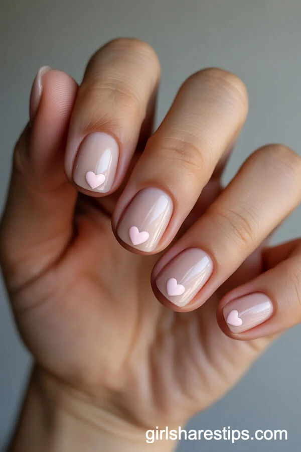 Short Round Nude Nails with Hand-Painted Heart Accents