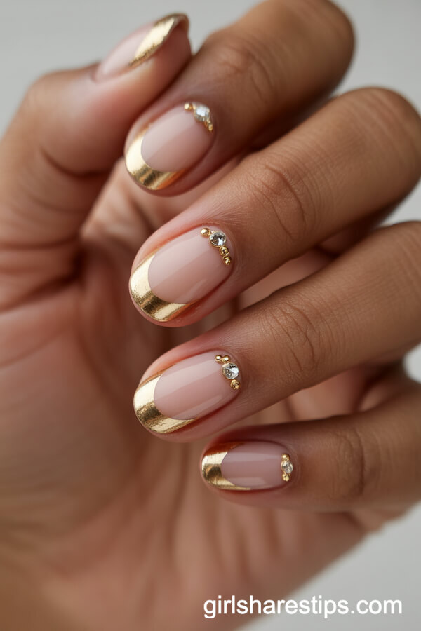 Elegant Gold Foil and Gemstone Short Oval Nude Nails