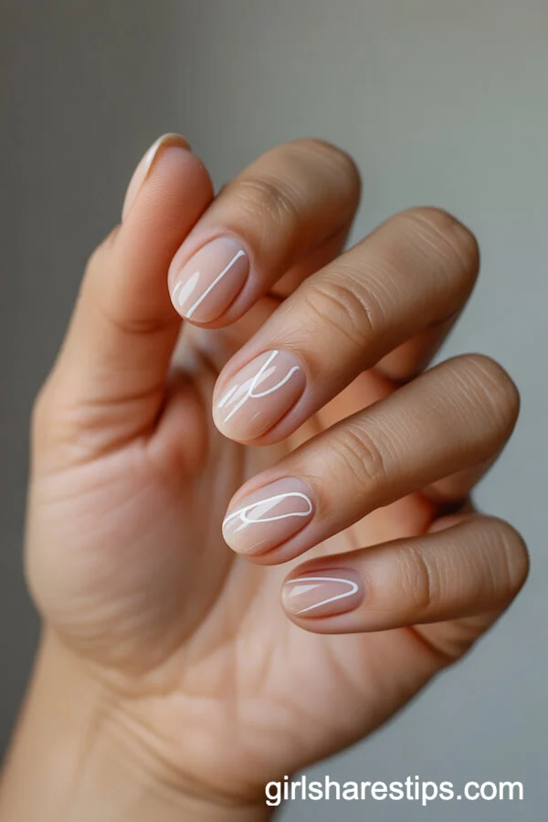 Minimalist White Line Art on Short Oval Nude Nails