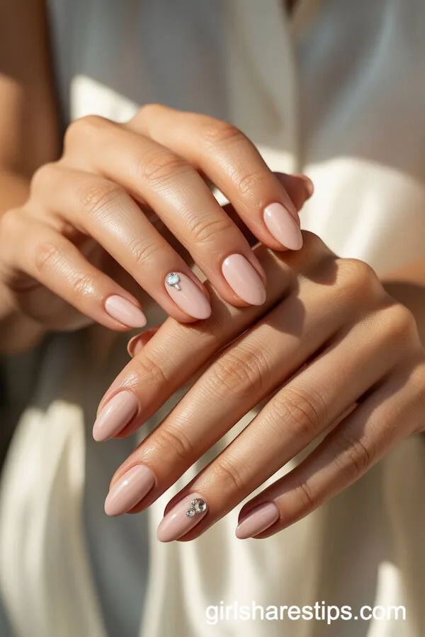 Short Stiletto Nude Nails with Delicate Rhinestone Detail