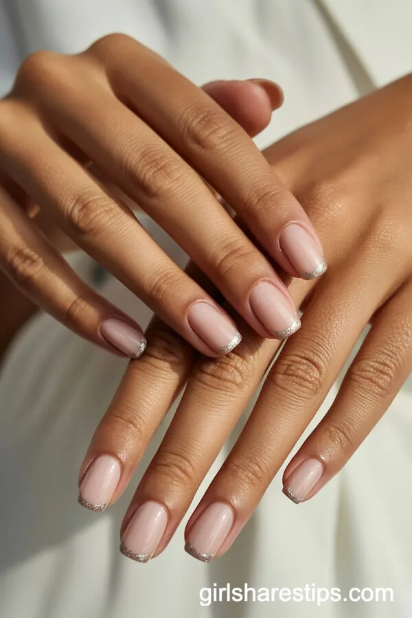 Glitter-Tipped Short Coffin Nude Nails