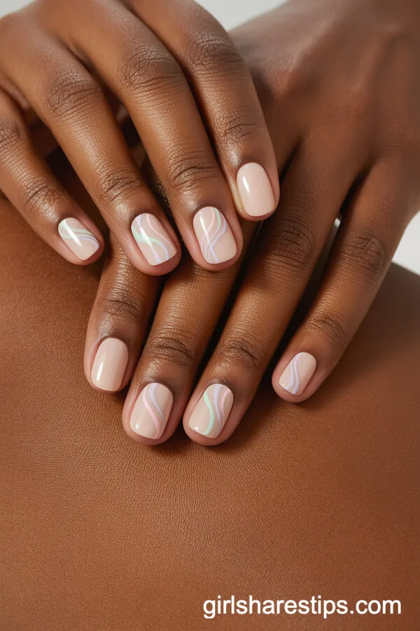 Abstract Pastel Swirls on Short Square Oval Nude Nails