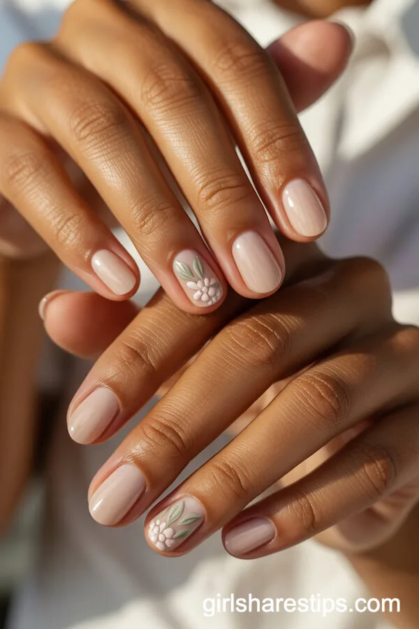 Short Nude Oval Nails with Tiny Floral Accents
