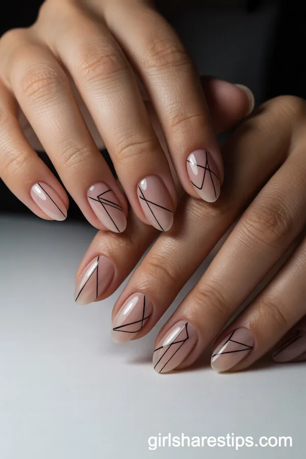 Short Almond Nude Nails with Black Geometric Lines