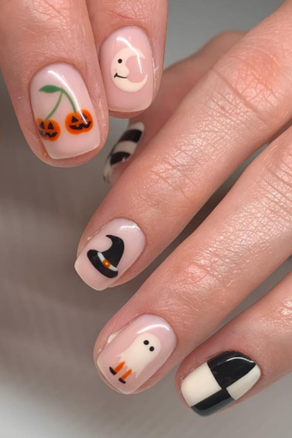 Pastel Ghost and Pumpkin Short October Nails