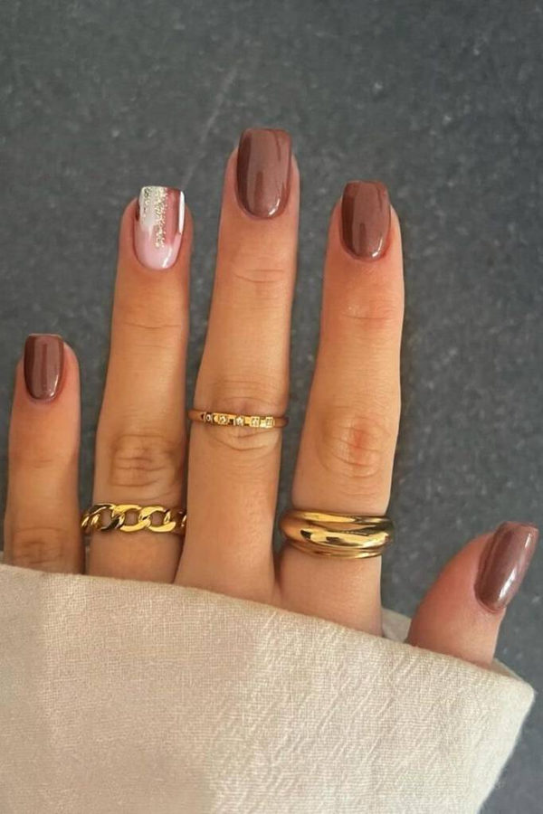 Minimal Nude Short Nails with Tiny Pumpkin Art