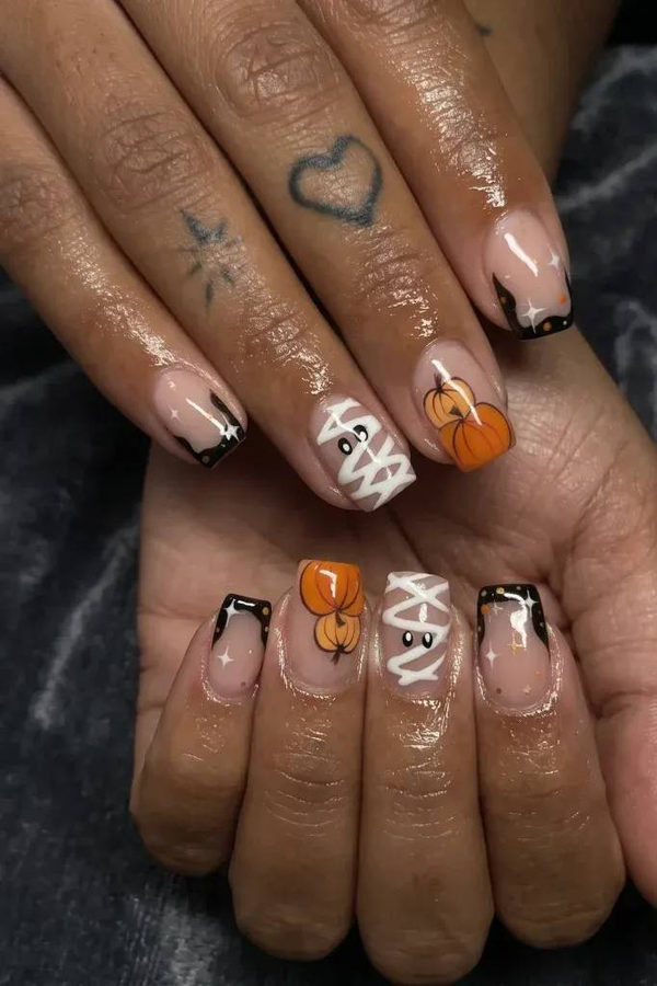 Moody Brown Marble Short Nails with Subtle Leaf Art