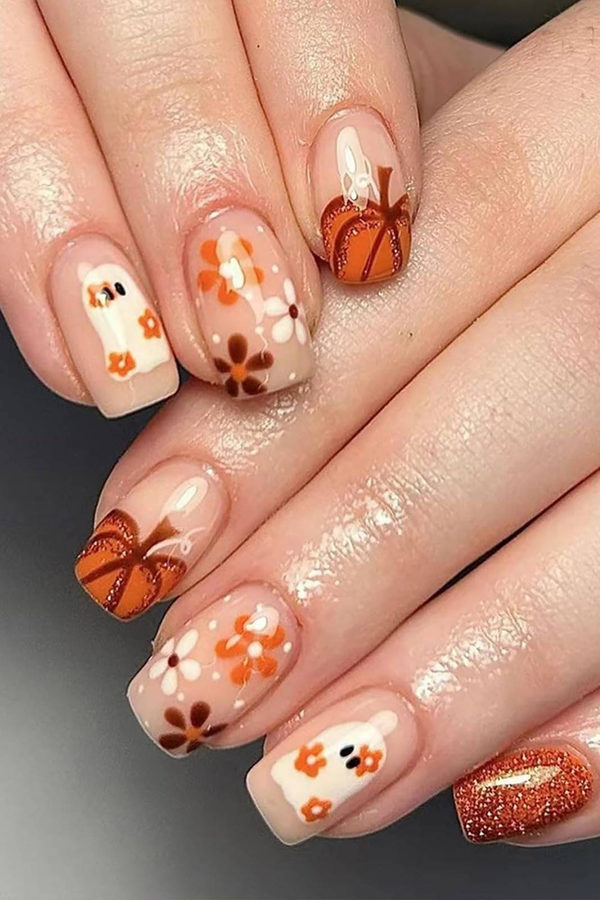 Cute Ghost and Cobweb Short October Nails