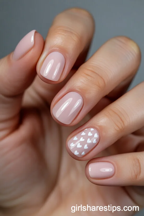 Light Pink Rounded Nails with White Heart Accents