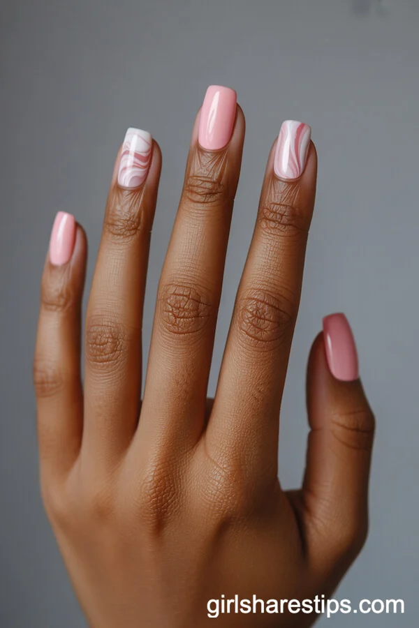 Square Pink Nails with Marbled White and Rose Pink Design