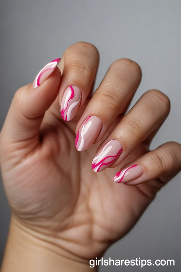 Nude-Pink Almond Nails with Abstract Hot Pink and White Lines