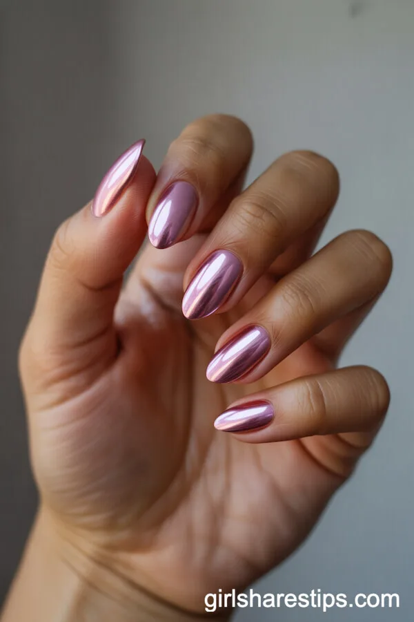 Shiny Pink Chrome Almond Nails for a Metallic Effect