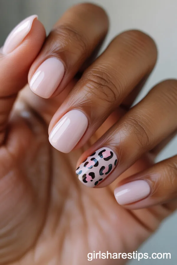 Pale Pink Squoval Nails with Pink and Black Leopard Accents