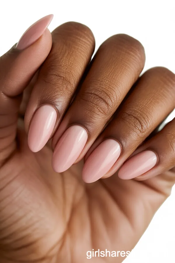 Glossy Pastel Pink Almond Nails on Dark Skin