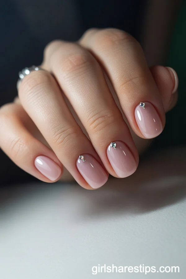 Soft Pink Squoval Nails with Tiny Rhinestone Accents
