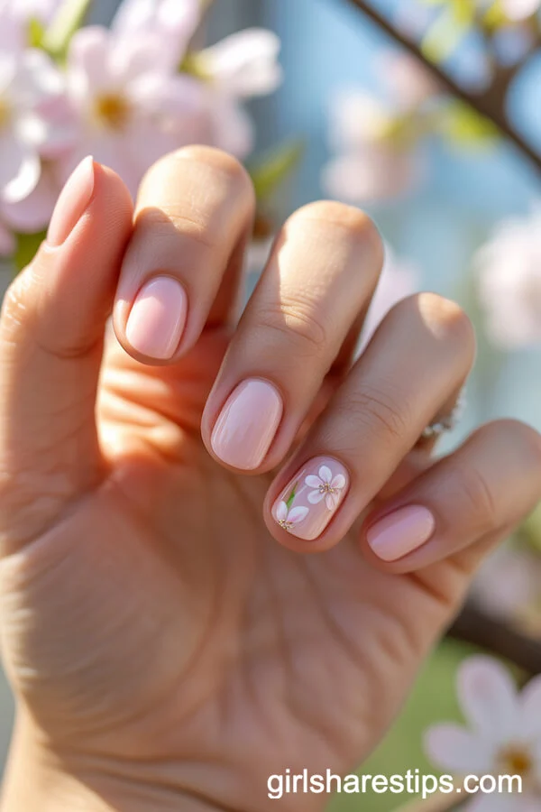Pastel Pink Oval Nails with Delicate White Blossom Flowers