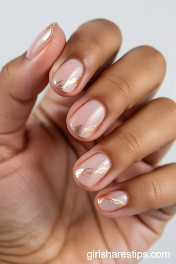 Light Pink Round Nails with Gold Foil Accents