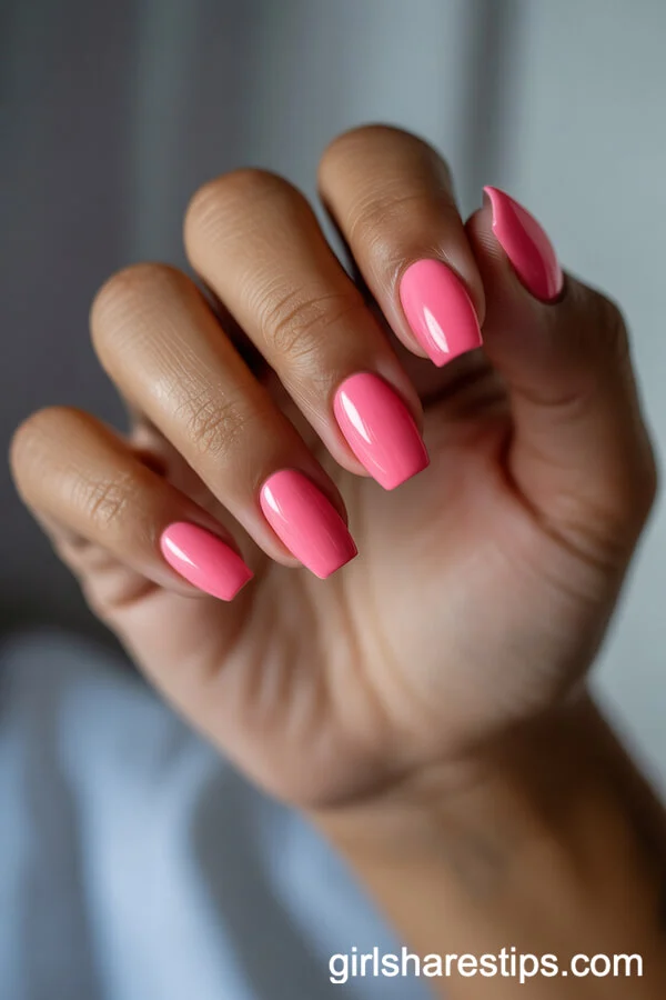 Vibrant Pink Coffin Nails on Olive Skin