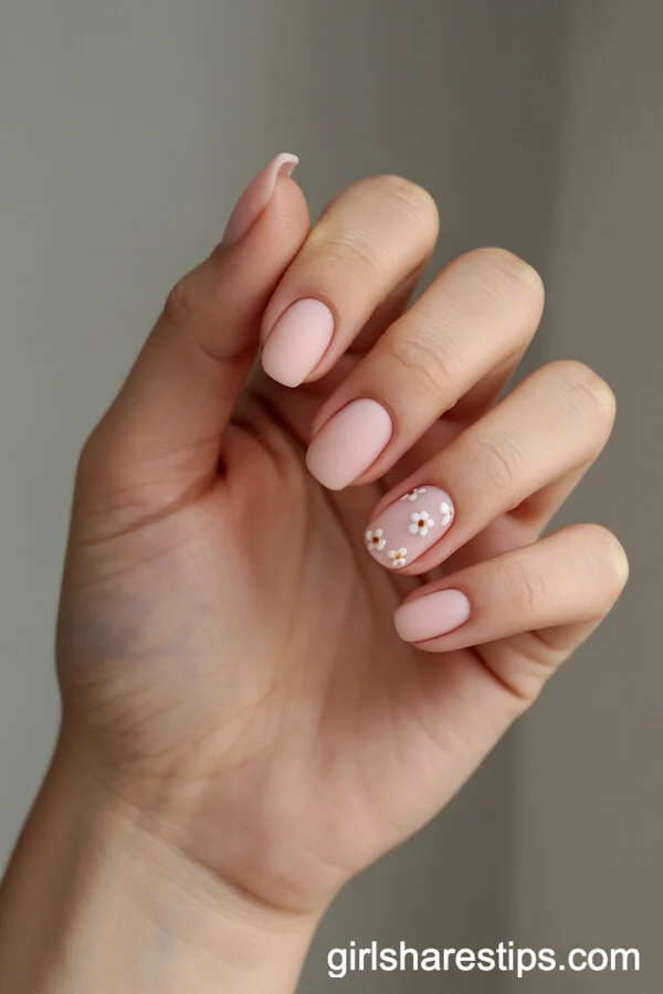 Matte Pink Squoval Nails with Tiny White Floral Art