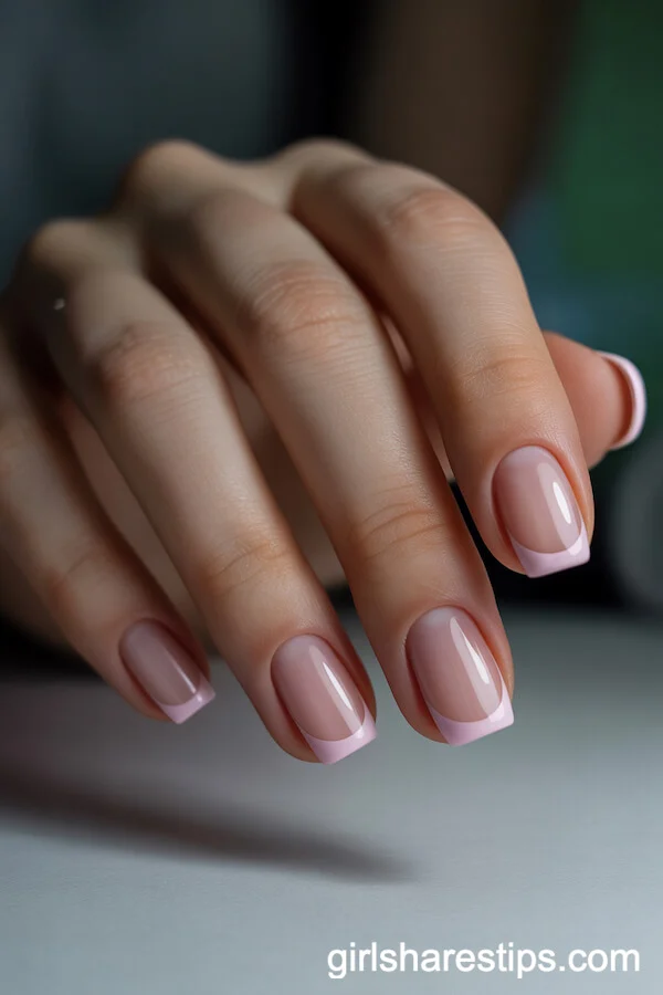 French Manicure with Pink Tips on Natural Short Nails