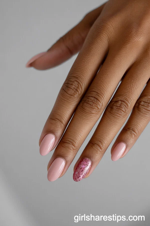 Blush Pink Oval Nails with a Glitter Accent Nail