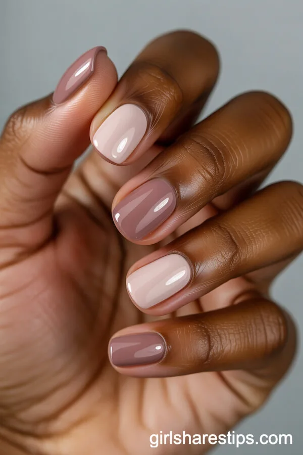 Nude and Dusty Pink Square Nails in Color Block Style